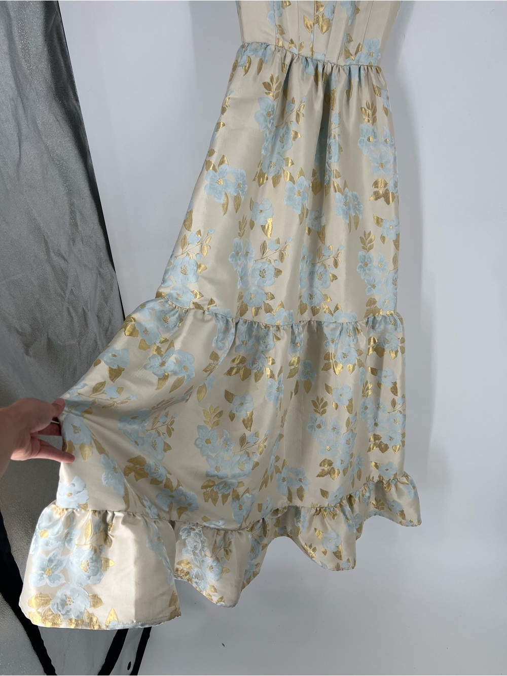 V. Chapman Avery Light Blue Cream Gold Floral Brocade Corset Back Maxi Dress 4 - Picture 4 of 9